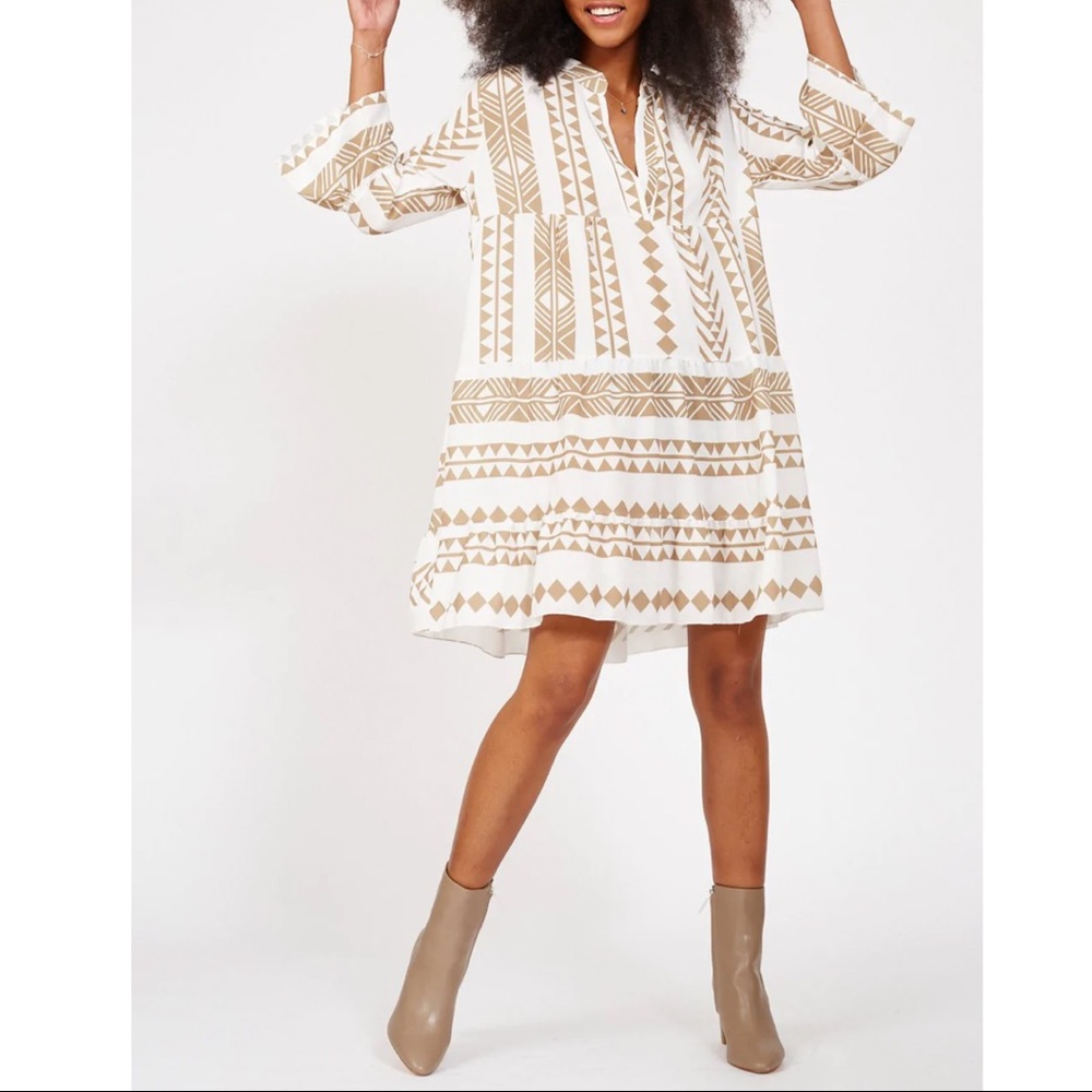 NWT- Boho Dress in White & Khaki Tribal Print - Size Small - by Silk & Salt